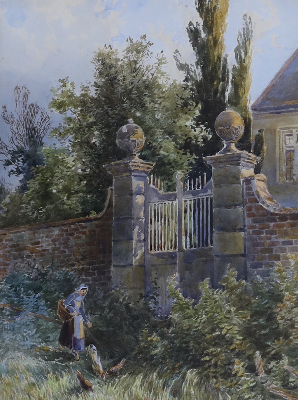 19th century English School, pair of watercolours, Woman beside a gateway and Child fishing, 40 x 30cm